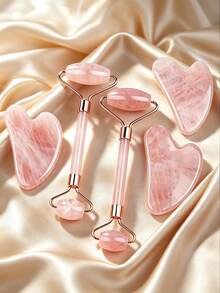 1pc Pink Natural Rose Quartz Facial Roller & Gua Sha Set, Elegant Style Crystal Heart-Shaped With Metal Frame Detail, Facial Massage Function Face Massager Tool, For Skincare Routine Home Spa Daily Use All Season Beauty Gift - Multicolor - View 1