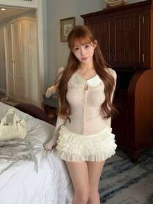 Sweet Sexy Peter Pan Collar Inner Layer Knit Cardigan Lace Trim Women's Top - Apricot - View 8