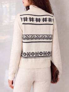 Women's Autumn/Winter Vintage Pattern Round Neck Pullover Vest - White - View 2