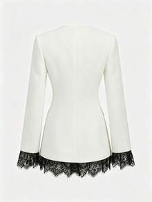 Women's Fashion White Regular Fit Blazer, Contrast Lace Patchwork Cuffs And Hem, Suitable For Autumn/Winter Daily Wear, Party, Office, Casual - White - View 8