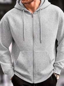 Men's Light Gray Full Zip Hoodie Sweatshirt, Autumn/Winter Casual Hooded Jacket With Kangaroo Pocket, Minimalist Style - Grey - View 4