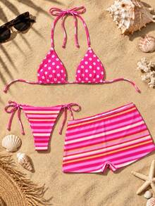 Women's Elegant Tropical Floral Print Halter Neck Swimsuit Set, Suitable For Spring/Summer Beach Vacation And Holiday Wear - Multicolor - View 4