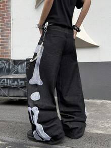 1pc Casual Loose Fit Embroidered Wide Leg Jeans, Comfortable American Street Style Pants, Suitable For All Seasons (No Belt Or Accessories) - الأسود - مشاهدة 8