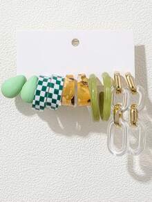 5-15 Pairs Autumn New Fresh Yellow-Green Water Drop Twisted Checkerboard Gradient Letter C Combination Earring Set, Delicate Minimalist Elegant High-End Old Money Style Y2K Acrylic Earrings And Ear Hoops For Women, Christmas Halloween New Year Daily Party Wear, Eye-Catching Versatile - Multicolor - View 6