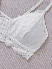 Women's Solid Color Lace Splicing Strap Front Closure Bra. - White - View 10