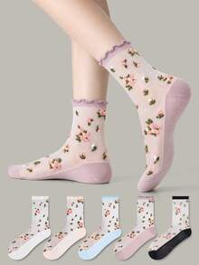 ZUJO 5 Pairs Women's Mesh Transparent Mid-Calf Socks, Floral Small Pattern, Simple Style, Suitable For Spring, Summer, Autumn Daily Wear, Random Color - Multicolor - View 5
