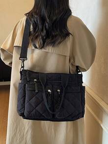 Large Capacity Tote Bag, 3D Quilted Diamond Pattern, Multi-Zipper Pocket Design, Relaxed Casual Style, Black Lightweight Crossbody Handbag, Suitable For Work Commute, Campus Study, Short Trips, Grocery Shopping, Minimalist Versatile Practical Shoulder Bag - Black - View 4