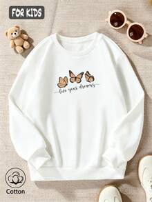 Kids Cotton Crewneck Sweatshirt With Orange Butterfly Print & Live Your Dreams Text, White Long Sleeve Pullover - White - View 4