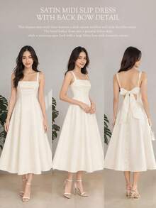 1pc Solid Color Elegant Hollow Back Bow Knot Women's Dress For Evening Date Wedding, Elegant White Dress - White - View 5