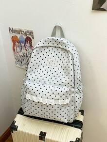 Polka Dot Lace Decor Daypack + Multi Pocket & Lightweight + School Daily Commute + White Black Dots Adjustable Strap Casual Backpack - Multicolor - View 12