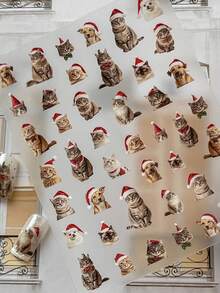 1 Sheet Flat Christmas Nail Stickers, Cute Realistic Cat & Dog Santa Hat Pattern Self-Adhesive Nail Art Decorations - Multicolor - View 4