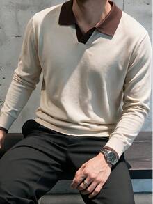 Men's Patchwork Slim Fit Regular Shoulder Airplane Collar Knit Long Sleeve Polo Shirt Contrast Color Turn Collar Sweater Warm Autumn/Winter New Style - Apricot - View 11