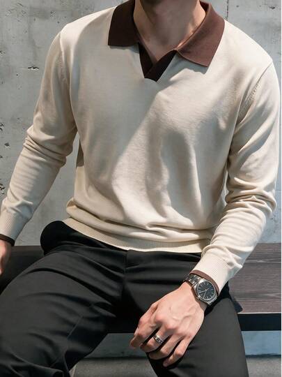Herren Patchwork Slim Fit Regular Shoulder Flugzeugkragen Strick Langarm Polohemd Kontrastfarbe Umlegekragen Pullover Warm Herbst/Winter Neuer Stil