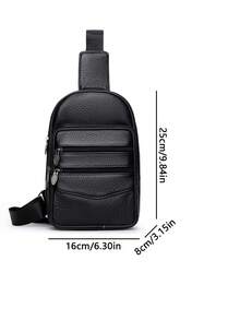 Men's Lychee Patterned PU Leather Chest Bag With Multiple Zippers And Layered Design, Casual Cycling Single Shoulder Crossbody Bag - Black - View 7
