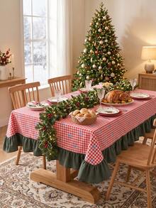 1pc Red & White Classic Small Plaid Blue Bow Print Tablecloth, Traditional Country Style Rectangular Green Leaf Edge Pleated Detail Stain-Resistant Protective Table Cover, Suitable For Christmas Family Gathering And Winter Holiday Dining Room Decor - Red - View 1