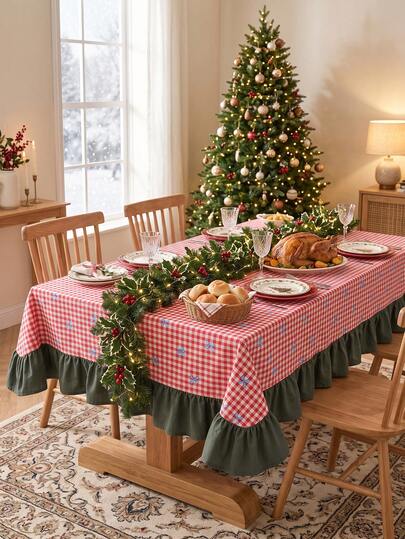 1pc Red & White Classic Small Plaid Blue Bow Print Tablecloth, Traditional Country Style Rectangular Green Leaf Edge Pleated Detail Stain-Resistant Protective Table Cover, Suitable For Christmas Family Gathering And Winter Holiday Dining Room Decor