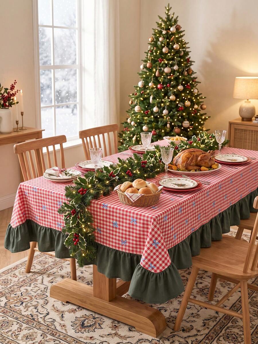 1pc Red & White Classic Small Plaid Blue Bow Print Tablecloth, Traditional Country Style Rectangular Green Leaf Edge Pleated Detail Stain-Resistant Protective Table Cover, Suitable For Christmas Family Gathering And Winter Holiday Dining Room Decor - Red - View 1