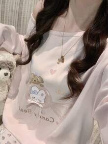 2pcs/Set Women's Spring/Autumn Pajamas Casual Cartoon Sweat-Absorbing Breathable Round Neck Long Sleeve Long Pants Cartoon Spring/Autumn/Winter Loungewear Fall Clothes For Women - Apricot - View 4