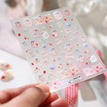 1pc Full Nail Size 5D Embossed Nail Stickers, Cute Strawberry Rabbit Bow Heart Lace Pattern, Japanese Style Creamy 3D Textured Design, Autumn Winter Christmas Party DIY Nail Art Decor - Multicolor - View 11