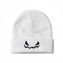1pc Fashionable Ear-Protective Windproof Knitted Solid Color Beanie Hat With Halloween Pumpkin Embroidery, Unisex - Multicolor - View 6