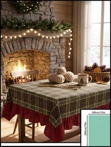 1pc Green Brown Red Classic Large Plaid Tablecloth Traditional Country Style Rectangular Burgundy Ruffle Edge Pleated Detail Stain-Resistant Protective Tablecloth For Home Long Table Suitable For Christmas Family Gathering And Winter Holiday Dining Room Decor - Green - View 11