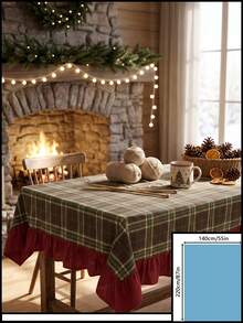 1pc Green Brown Red Classic Large Plaid Tablecloth Traditional Country Style Rectangular Burgundy Ruffle Edge Pleated Detail Stain-Resistant Protective Tablecloth For Home Long Table Suitable For Christmas Family Gathering And Winter Holiday Dining Room Decor - Green - View 15