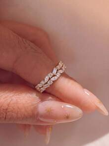 1pc Asymmetric Double Half-Wrap Rectangular & Round Cubic Zirconia Ring, Women's Wedding, Promise, Eternity Ring, Exquisite Jewelry Gift - Double Half Circle Rectangular Marquise Round Diamond Ring - View 4