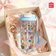 MINISO Transparent Water Cup, Cute Little Goldfish Pattern Coffee Cup, Clean And Refreshing, 550ML Transparent Water Cup, Straw, Travel, Easy To Carry; Valentine's Day Gift. - Baby Blue - View 4