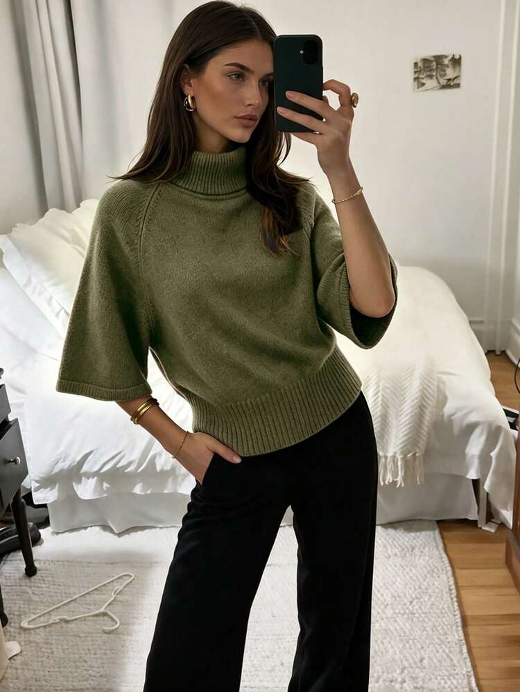 Women's New Autumn/Winter High Neck Short Sleeve Knit Top - Mossy Green - View 7