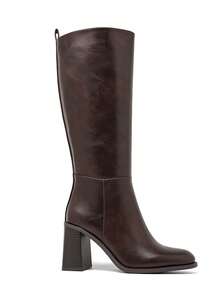 Smooth Faux Leather Block Heel Knee-High Boots – - Brown - View 3