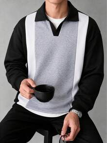 American Retro Men's Patchwork Polo Collar Sweatshirt, Vertical Stripe Colorblock Design, Loose Drop Shoulder, Daily Commute Long Sleeve Top - Black - View 6