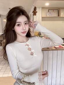 Apricot Lace Patchwork Sweater Women's Autumn/Winter New Long Sleeve Top Bow Pearl Embellished Knit Cardigan - Apricot - View 5