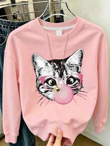 Big Girls Pink Crew Neck Sweatshirt, Cute Cat Blowing Bubble Gum With Pink Glasses Loose Pullover - Pink - View 1