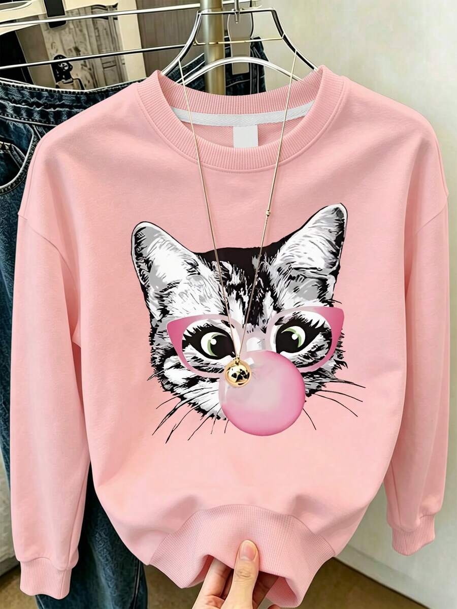 Big Girls Pink Crew Neck Sweatshirt, Cute Cat Blowing Bubble Gum With Pink Glasses Loose Pullover - Pink - View 1
