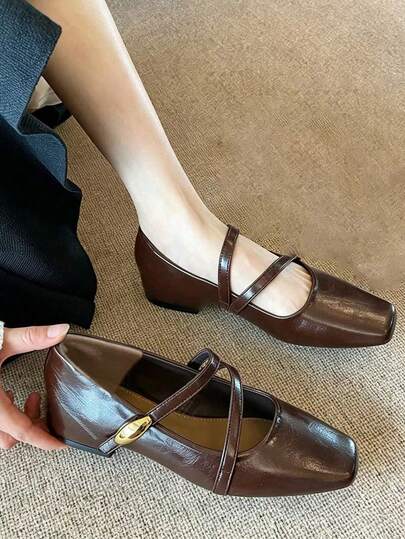 Women's Vintage Square Toe Double Strap Mary Jane Flat Shoes, Suitable For Commuting, Dating, Shopping, Social Gatherings