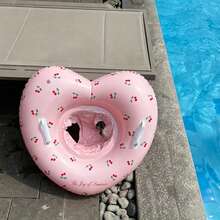 1pc Kids Heart-Shaped Inflatable Swim Seat Float, Pink Cherry Print & Glitter Transparent Dual Design, With Handles Anti-Flip Swim Ring, Children's Pool Water Swimming Training Equipment - Multicolor - View 4