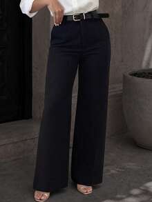 Fashion Plus Size Black Woven Straight Leg Pants, Button & Zipper Detail, Non-Stretch Fabric For A Sleek Look - Black - View 1