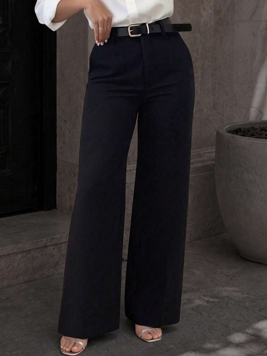 Fashion Plus Size Black Woven Straight Leg Pants, Button & Zipper Detail, Non-Stretch Fabric For A Sleek Look - Black - View 1