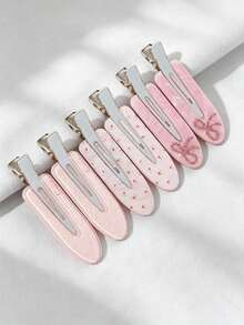 1/3/6pcs Cute Sweet Style Pink Seamless Crocodile Hair Clips, Gentle Girl Style Floral Polka Dot Side Bangs Clips, Rhinestone Bow Hair Clips For Women - Pink - View 8