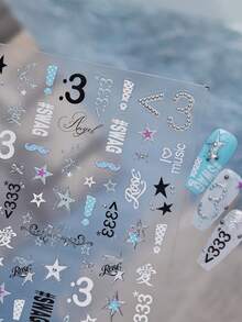 Y2K Star Note Nail Stickers, Silver Glitter Music Symbol Number 3 Swag Letter Nail Decals, Self Adhesive Nail Art Decorations For DIY Manicure - Multicolor - View 2