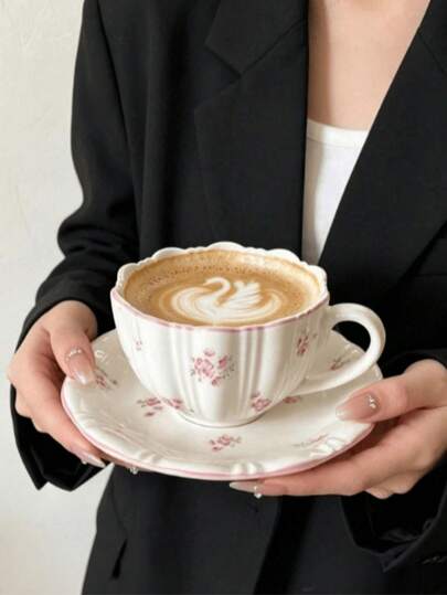 1 Set Pembe Düşen Çiçek Desenli Fincan ve Tabak Seti, Zarif ve Güzel Kahve Fincanı ve Tabağı, Öğleden Sonra Çayı Latte Fincanı ve Tabağı, Şık Hediye Fincan ve Tabak Takımı, Ev, Restoran, Kafe, Tatlıcı, Hediye, Toplantı ve Parti İçin Uygun