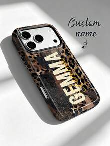 1pc Modern Personalized Leopard Print Text Name Pattern Customization, Personalized Signature Short Phrase Customization, Anniversary Gift, Valentine's Day Gift, Birthday Gift, Wedding Gift, Mother's Day Gift, Father's Day Gift, Best Friend Gift, Gift For Mom/Dad, Gift For Boyfriend, Gift For Girlfriend, 2-In-1 Glossy Film Hard Shell Phone Case Protective Cover, Compatible With Iphone 11/12/13/14/15/16/17 Pro Max - Multicolor - View 4
