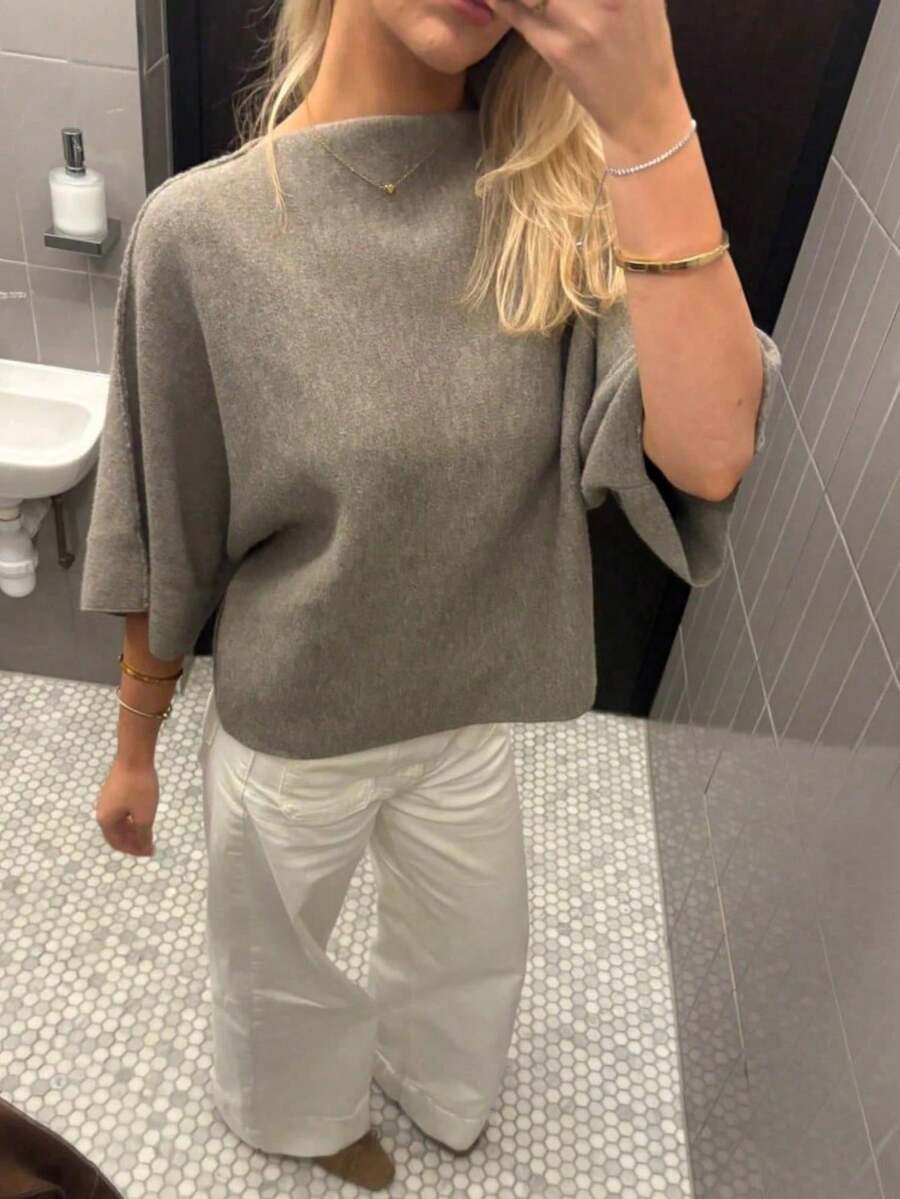 Plus Size Gray Boat Neck Knit Sweater, Minimalist Casual Street Style Women's Back To School Outfit Autumn - Light Grey - View 1