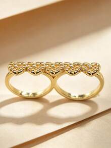 1pc Women's Gold-Plated Double Finger Ring, Five-Link Heart Textured Ring Face Elegant Ring, Romantic Accessory Suitable For Dating, Daily Wear And Party - Gold - View 1