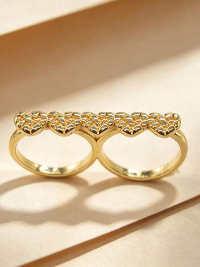 1pc Women's Gold-Plated Double Finger Ring, Five-Link Heart Textured Ring Face Elegant Ring, Romantic Accessory Suitable For Dating, Daily Wear And Party