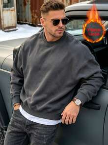 Men's Thermal Lined Sweatshirt, Fashionable Sports Crew Neck Top, Suitable For Daily Wear, Exercise And Vacation, Great Gift For Husband - Dark Grey - View 1