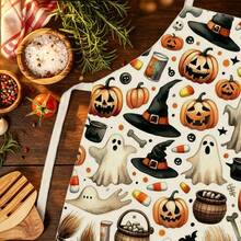 1pc Halloween Magic Party Print Apron - Halter Neck Sleeveless Design With Ghost, Pumpkin Lantern, Candy, Cauldron And Magic Wand Patterns, Suitable For Kitchen Cooking, Housework Cleaning And Halloween Party Use, Home Decor, Atmosphere Apron, Fun Home Daily Necessities, Joyful Holiday Gift - Multicolor - View 6