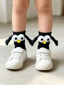 1 Pair Kids Cute Fun Big Eyes Holding Hands Mid-Calf Socks, Suitable For 1-10 Years Old Children Daily Wear, Back To School Crazy Sock Day - Black - View 8