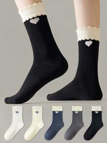 ZUJO 3 Pairs Double Layer Lace Women's Mid-Calf Socks, Heart Pattern, Soft And Comfortable, Suitable For Spring, Autumn, Winter Sports And Daily Wear - Multicolor - View 2