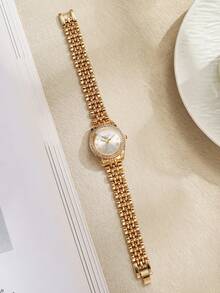 Women's Luxury Rhinestone Roman Numeral Dial Quartz Watch, Elegant Alloy Strap Wristwatch, Gift For Girlfriend (1pc/Set) Watch Box Not Included - Gold - View 7